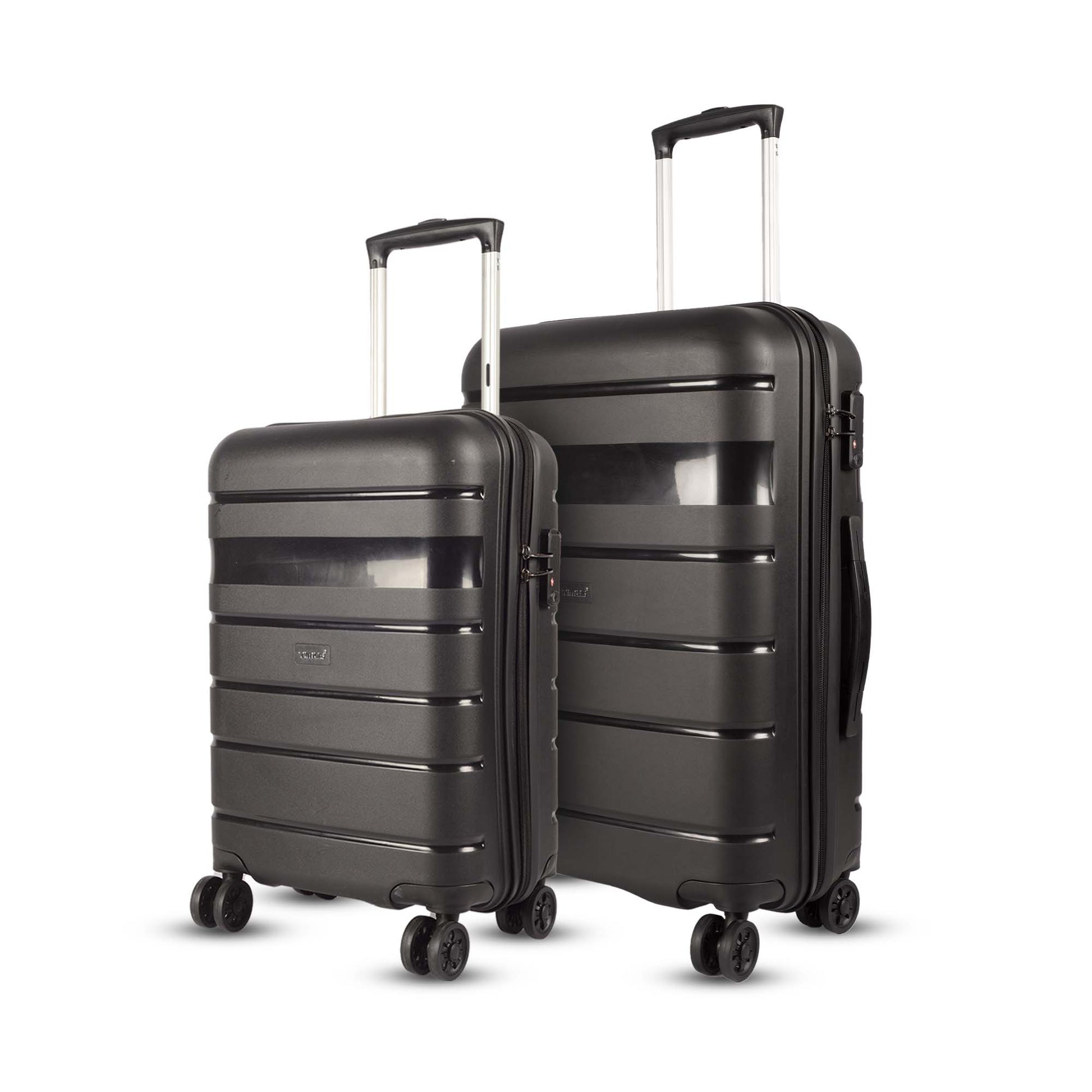 Timus Sunlite black 58 cm and 68 cm trolley combo featuring TSA lock, 360-degree spinner wheels, and a multi-stage pull handle.