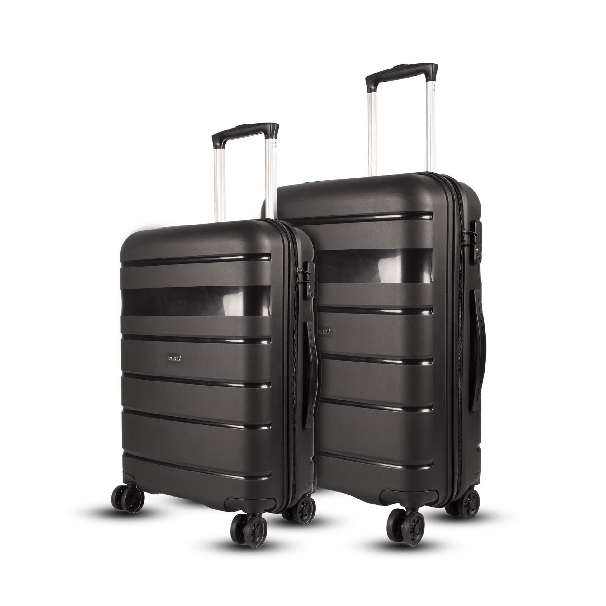 Timus Sunlite hard trolley combo set in black featuring 68 cm and 78 cm sizes with spinner wheels and sturdy handles.