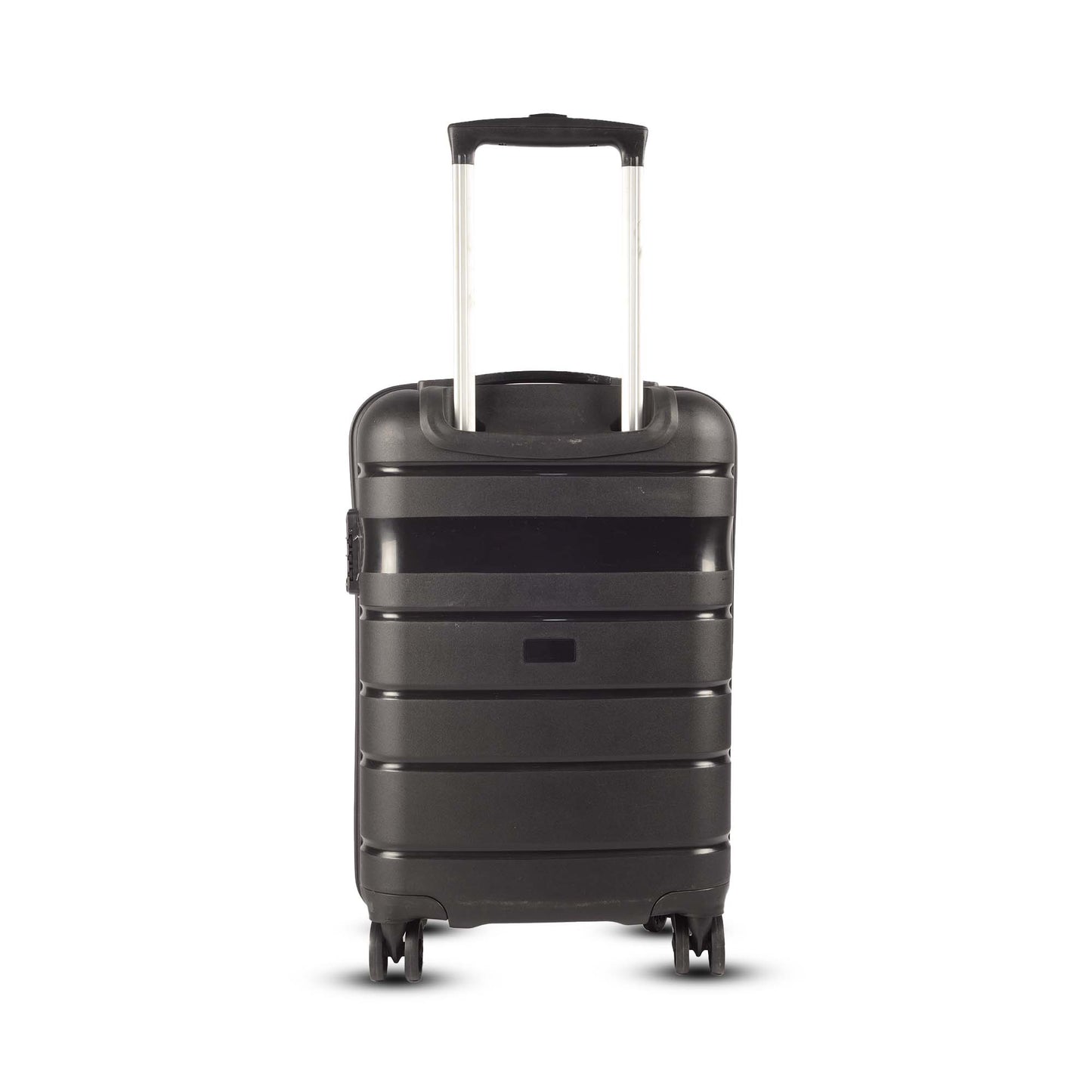 Back view of Timus Sunlite black hard trolley luggage showing smooth hard shell finish, fully extended multi-step trolley handle and smooth spinner wheels.

