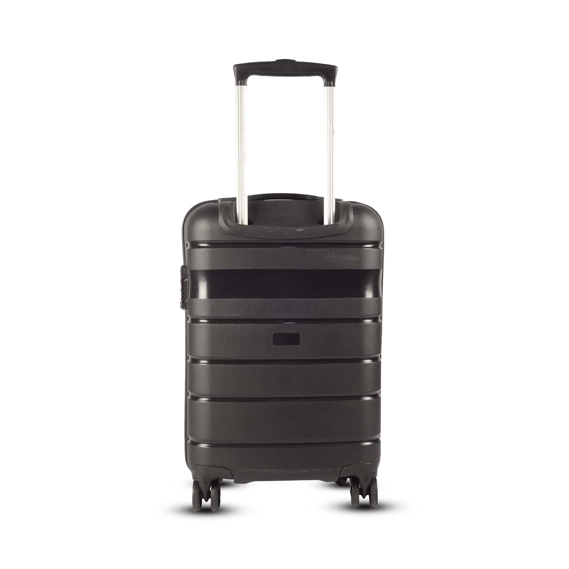 Back view of Timus Sunlite black hard trolley luggage showing smooth hard shell finish, fully extended multi-step trolley handle and smooth spinner wheels.

