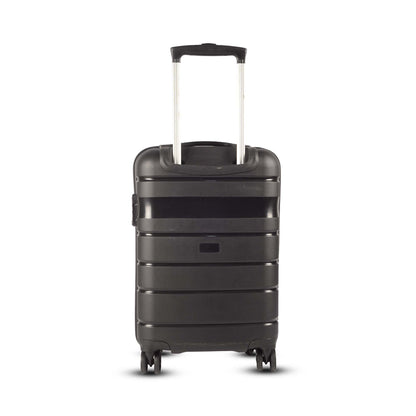 Back view of Timus Sunlite black hard trolley luggage showing smooth hard shell finish, fully extended multi-step trolley handle and smooth spinner wheels.

