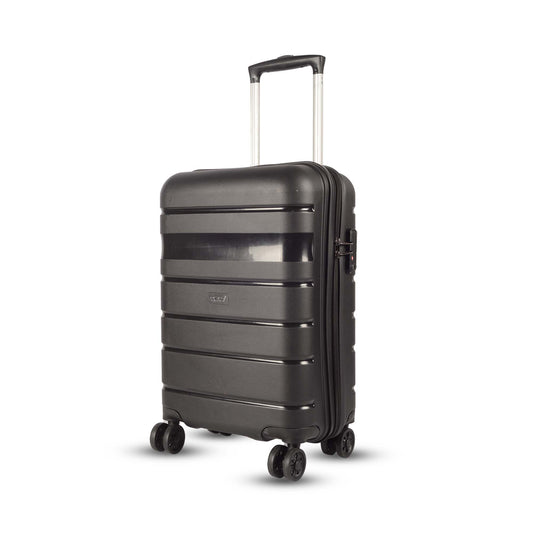 Angled left-side view of Timus Sunlite black hard trolley bag featuring TSA-approved lock, durable hard shell, and 360° spinner wheels.