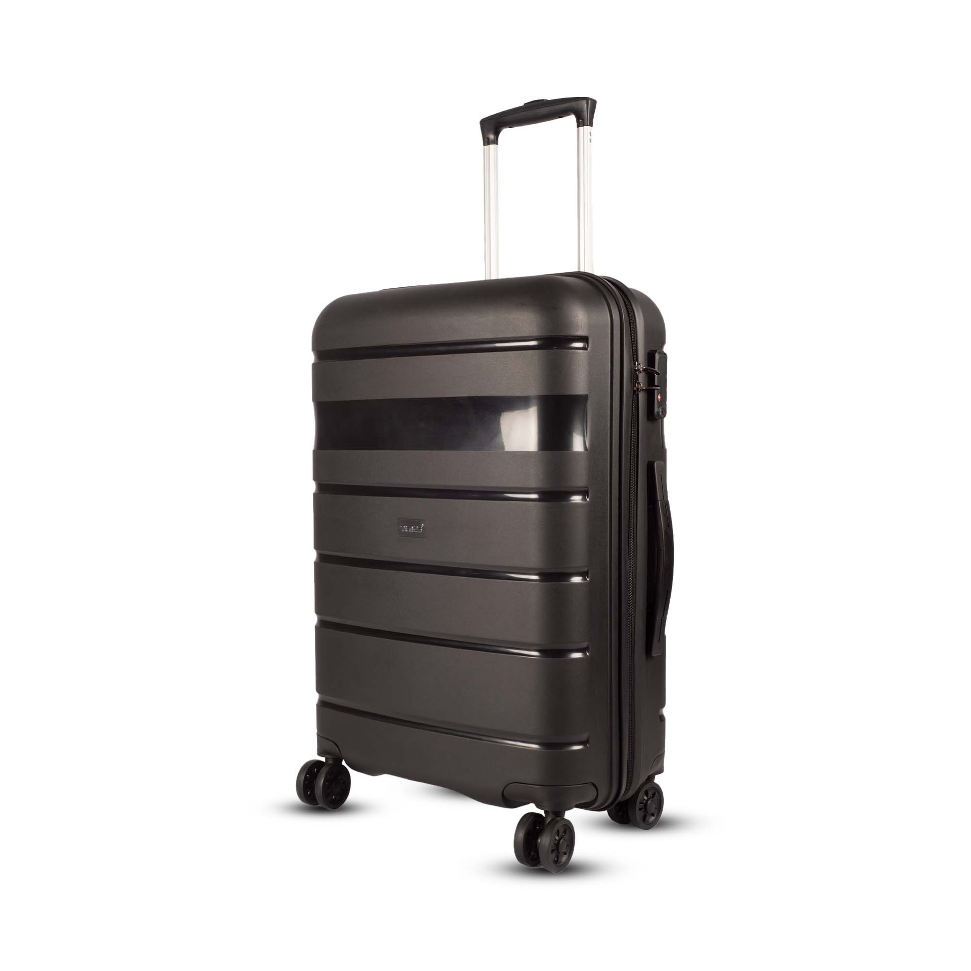 Angled left-side view of Timus Sunlite black hard trolley bag featuring TSA-approved lock, durable hard shell, and 360° spinner wheels.