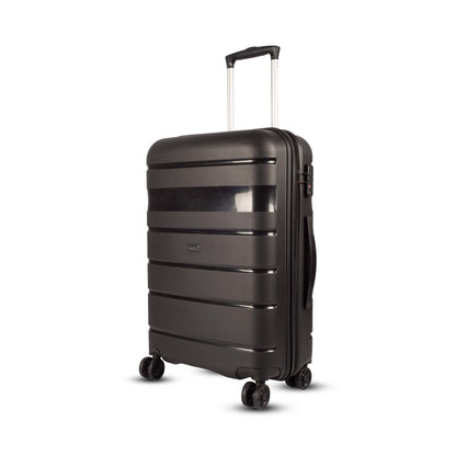 Angled left-side view of Timus Sunlite black hard trolley bag featuring TSA-approved lock, durable hard shell, and 360° spinner wheels.