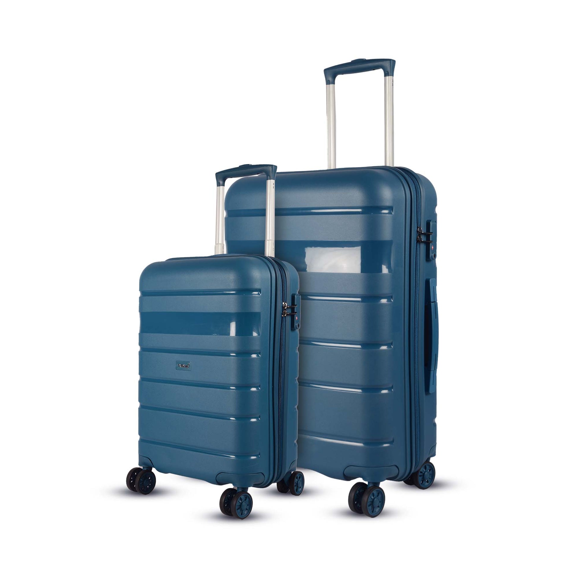 Sunlite blue 2-piece trolley combo by Timus in 58 cm and 78 cm with spinner wheels, TSA lock, and sturdy multi-step trolley handle.