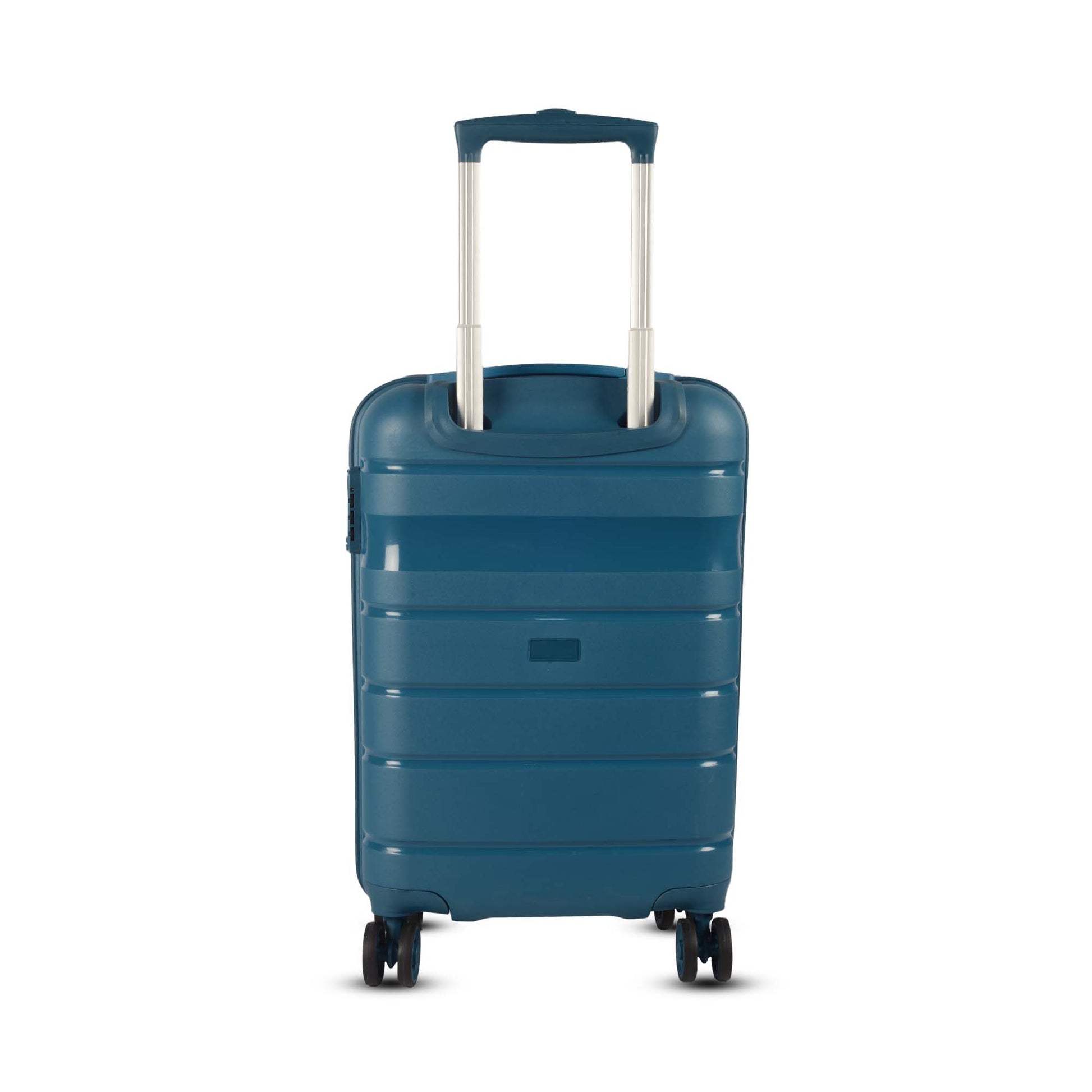 Back view of Timus Sunlite blue hard trolley luggage showing fully extended multi-step trolley handle and smooth spinner wheels.