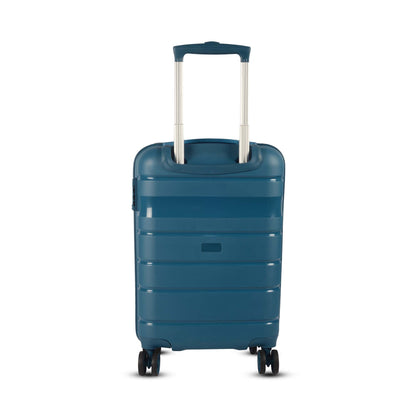 Back view of Timus Sunlite blue hard trolley luggage showing fully extended multi-step trolley handle and smooth spinner wheels.