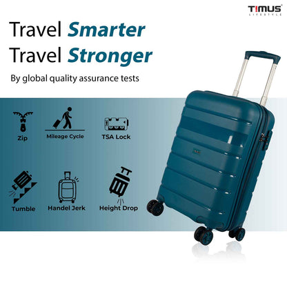 Timus Sunlite blue trolley bag highlighted with durability features like TSA lock, mileage cycle, handle jerk, and global quality tests.