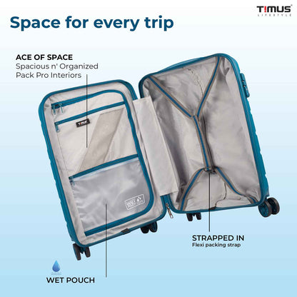 Open view of blue sunlite hard luggage showing spacious empty interior with flexible packing straps, wet and dry pouches, and organized compartments for efficient storage