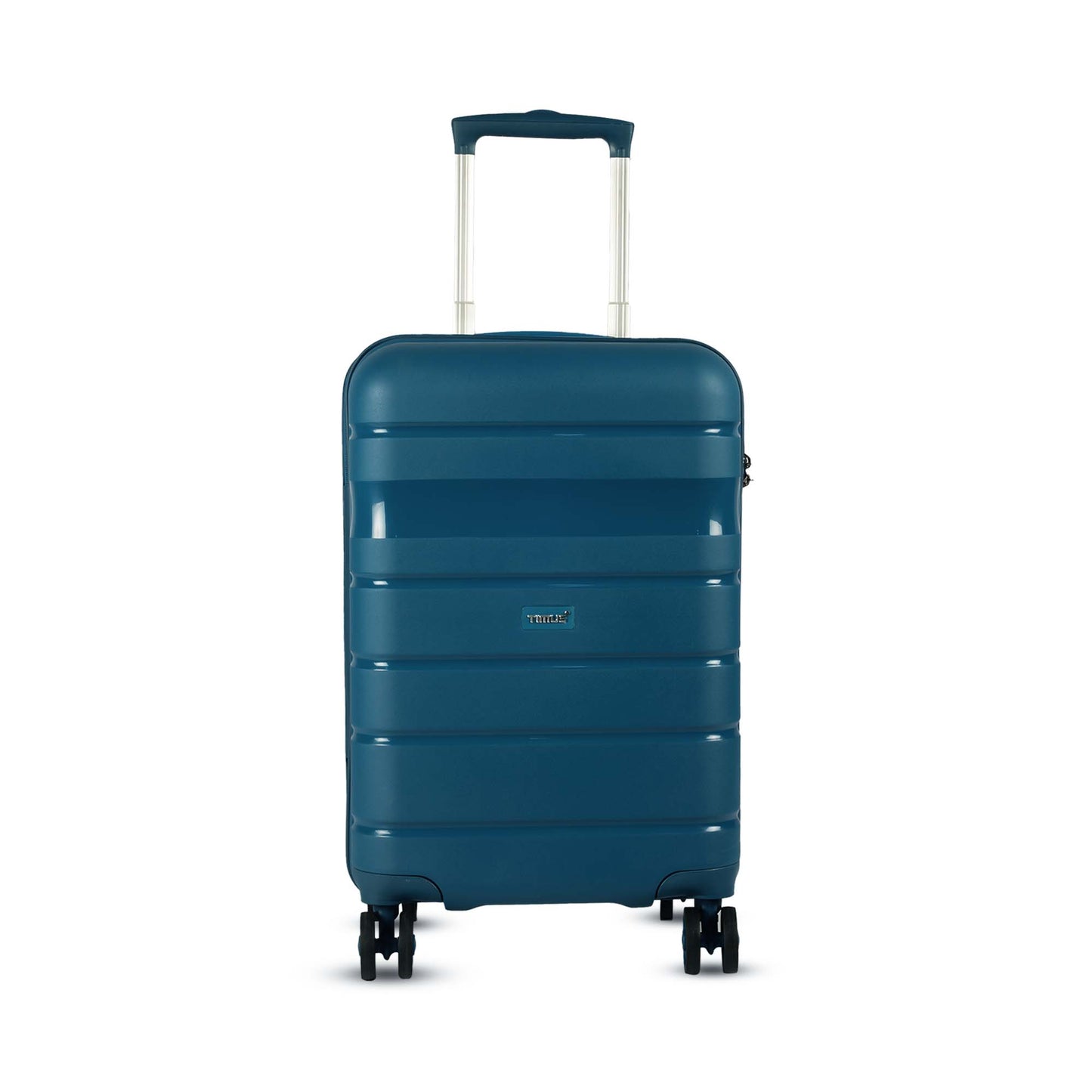 Front view of Timus Sunlite blue hard trolley luggage with textured surface, sleek profile, and extendable push-button handle.