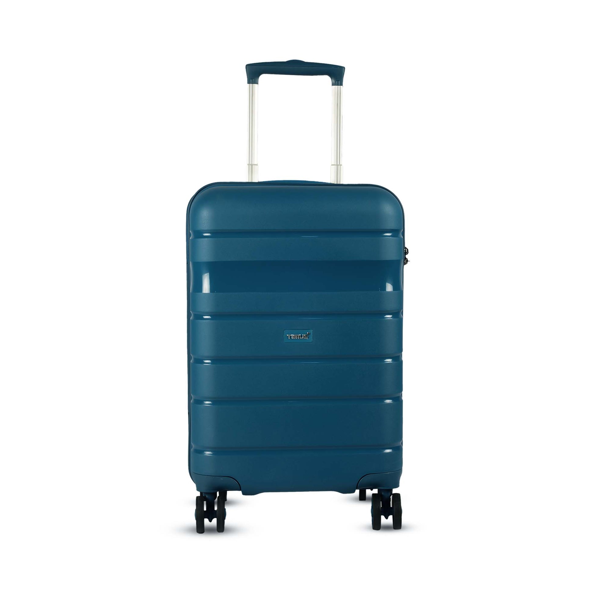 Front view of Timus Sunlite blue hard trolley luggage with textured surface, sleek profile, and extendable push-button handle.