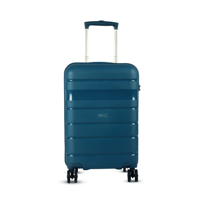 Front view of Timus Sunlite blue hard trolley luggage with textured surface, sleek profile, and extendable push-button handle.