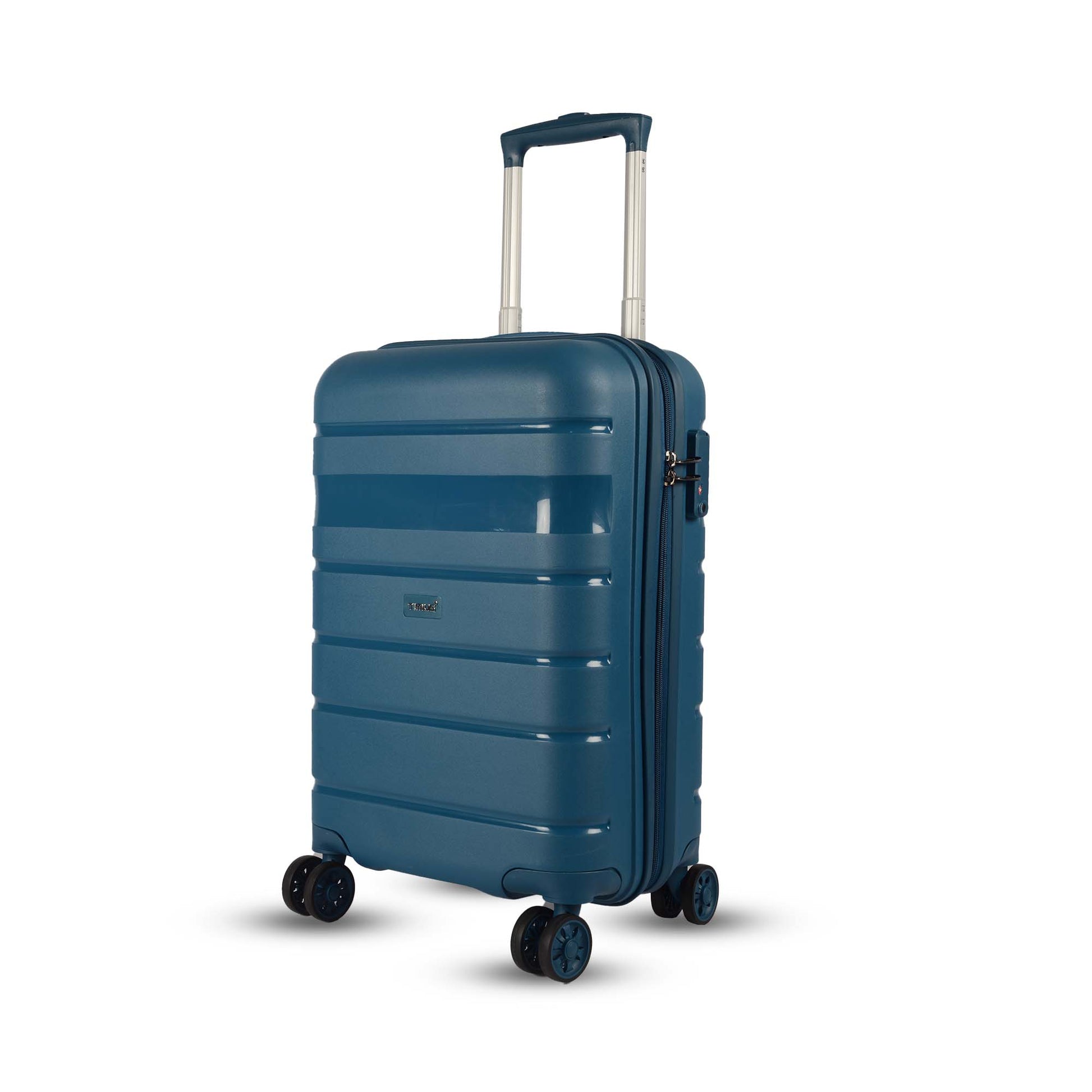 Angled left-side view of Timus Sunlite blue hard trolley bag featuring TSA-approved lock, durable hard shell, and 360° spinner wheels.