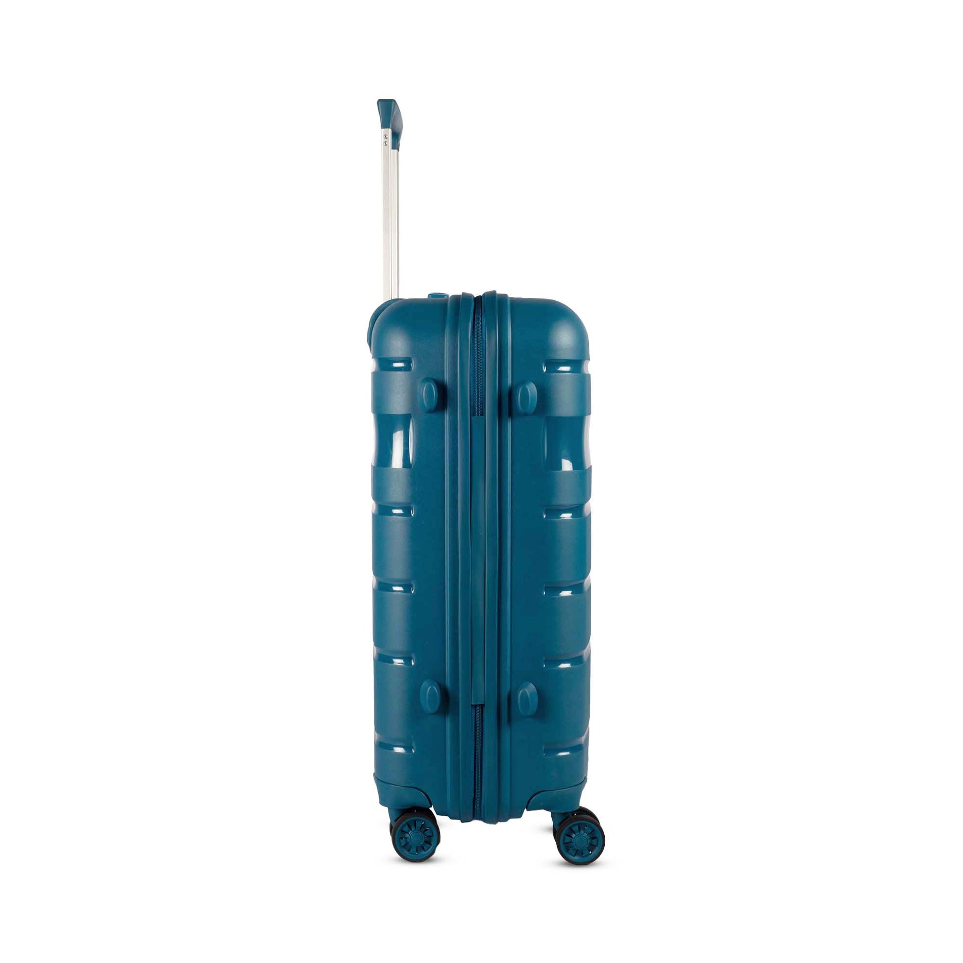 Right side view of Timus Sunlite blue hard trolley bag displaying its seamless finish, zipper closure, and lightweight polycarbonate shell.