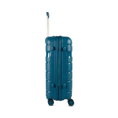 Right side view of Timus Sunlite blue hard trolley bag displaying its seamless finish, zipper closure, and lightweight polycarbonate shell.