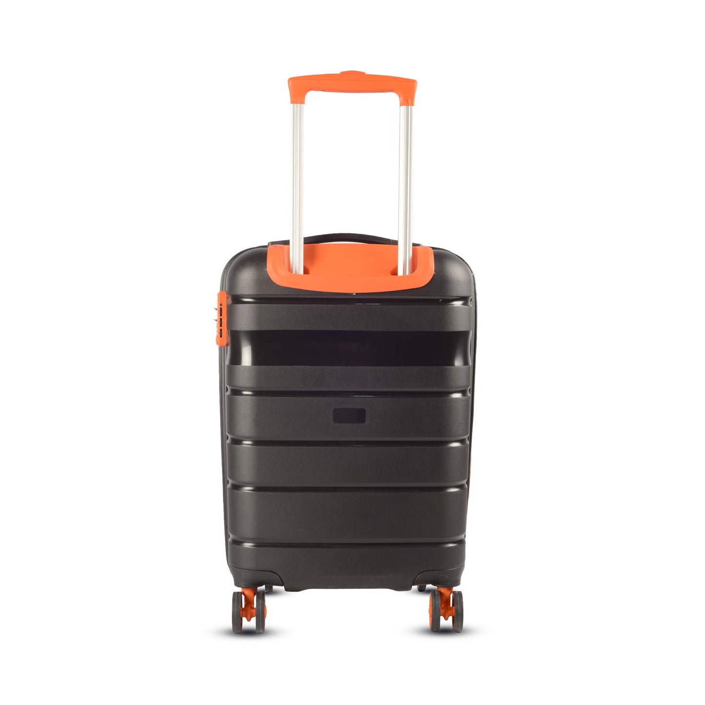 Back view of Timus Sunlite orange-black trolley showing fully extended push-button trolley handle, sturdy back panel, and smooth finish.