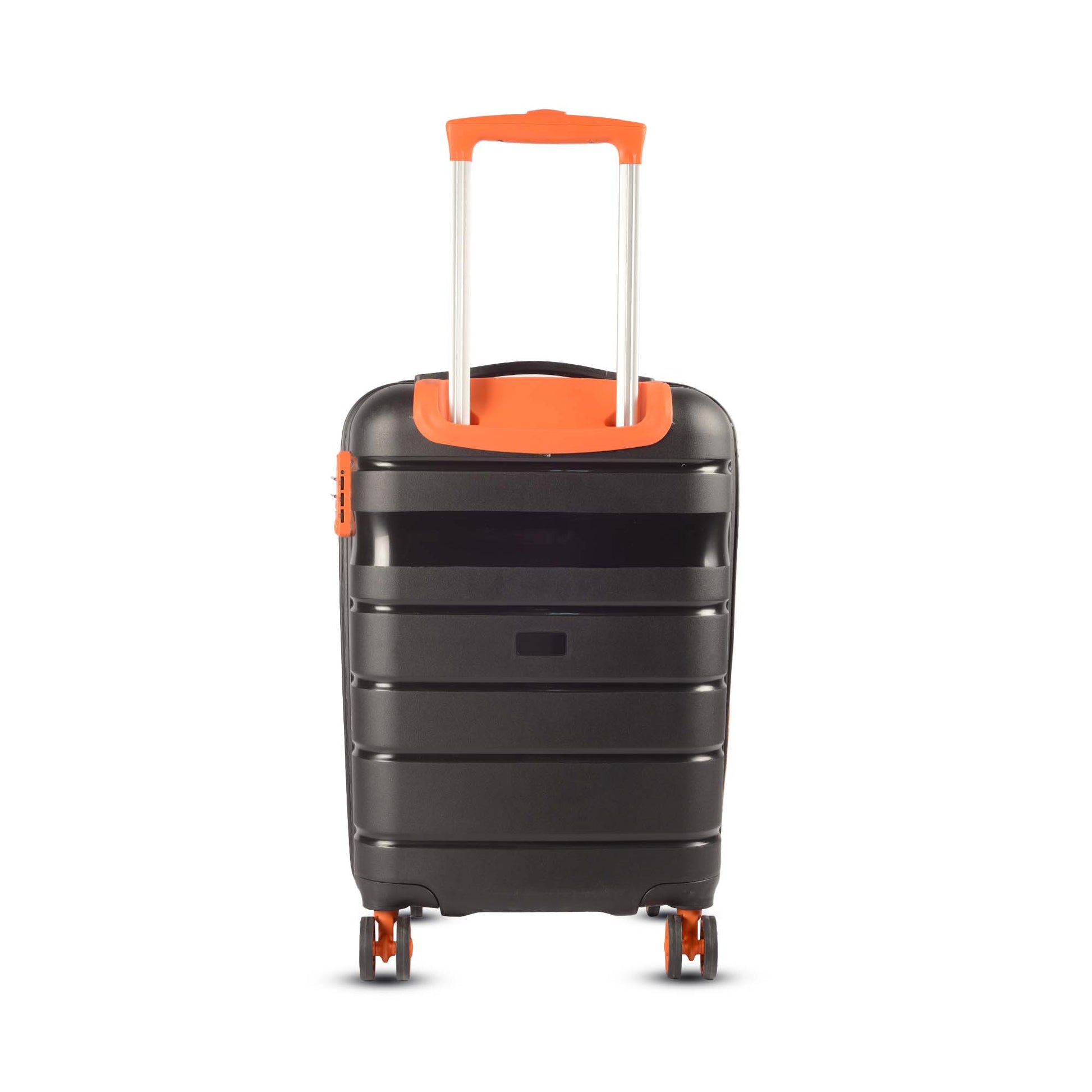 Back view of Timus Sunlite orange-black trolley showing fully extended push-button trolley handle, sturdy back panel, and smooth finish.
