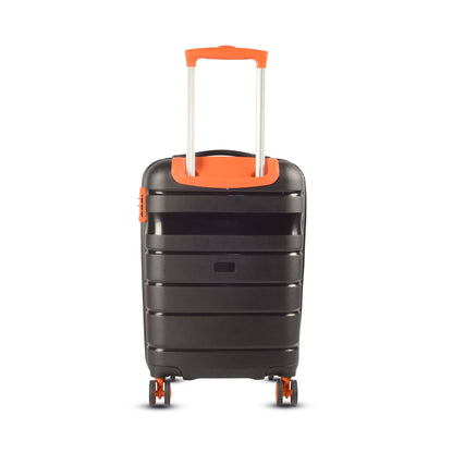 Back view of Timus Sunlite orange-black trolley showing fully extended push-button trolley handle, sturdy back panel, and smooth finish.