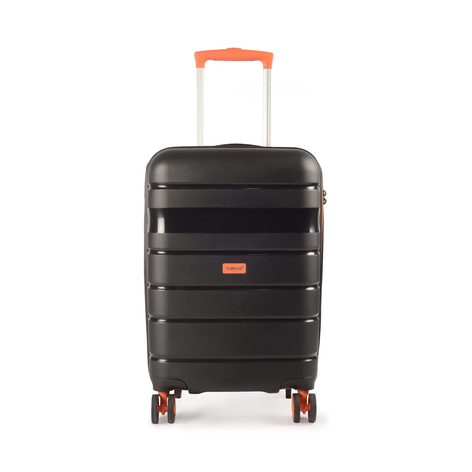 Front view of Timus Sunlite orange-black hard trolley bag featuring a bold dual-tone design, lightweight hard shell, and premium spinner wheels.