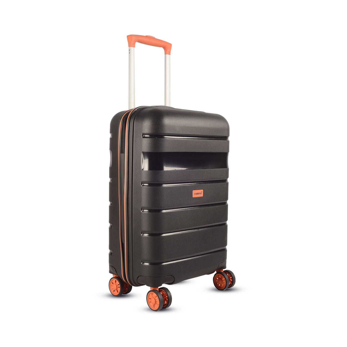 Right angled view of Timus Sunlite orange-black trolley showcasing stylish panel curves, premium spinner wheels, and eye-catching orange accents.