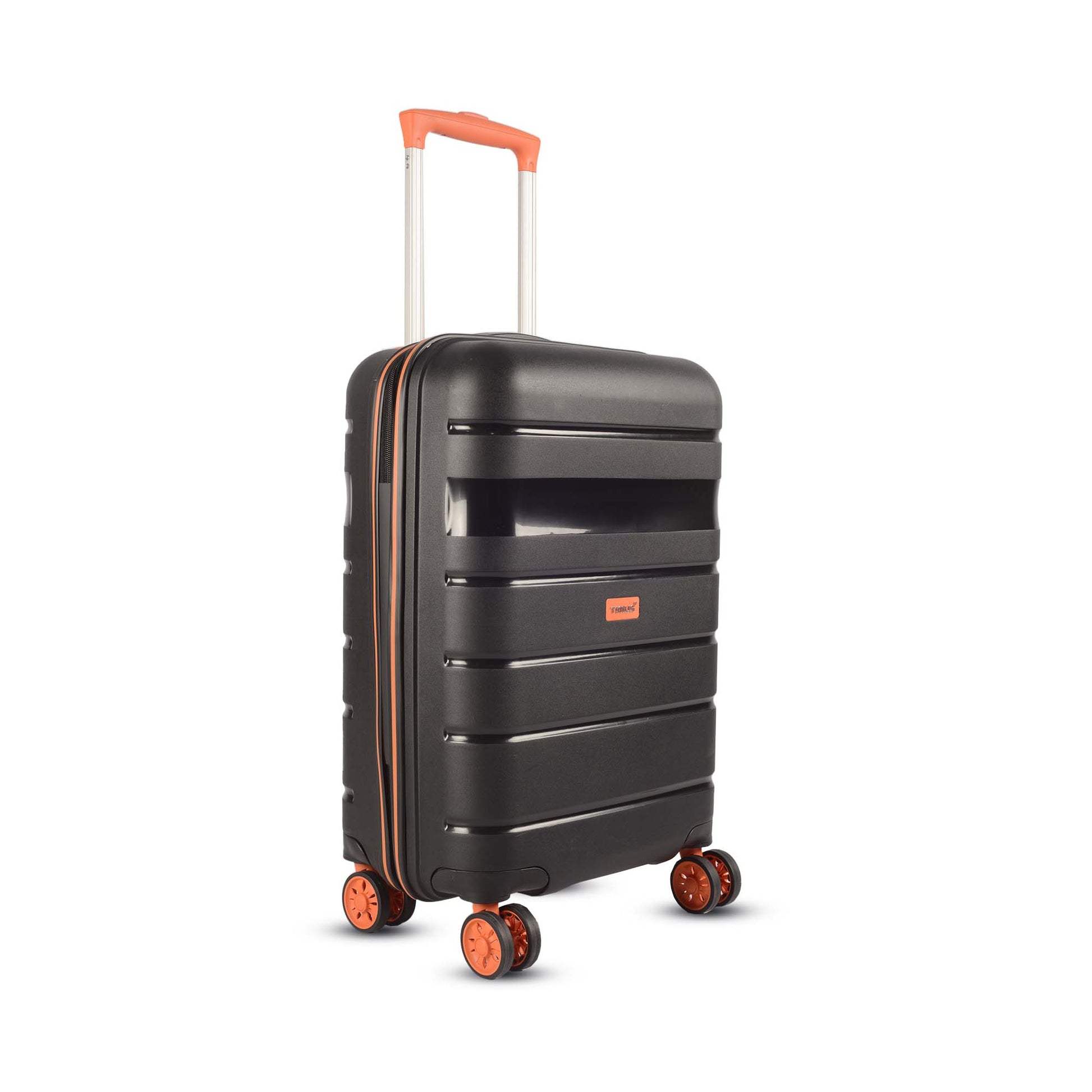 Right angled view of Timus Sunlite orange-black trolley showcasing stylish panel curves, premium spinner wheels, and eye-catching orange accents.