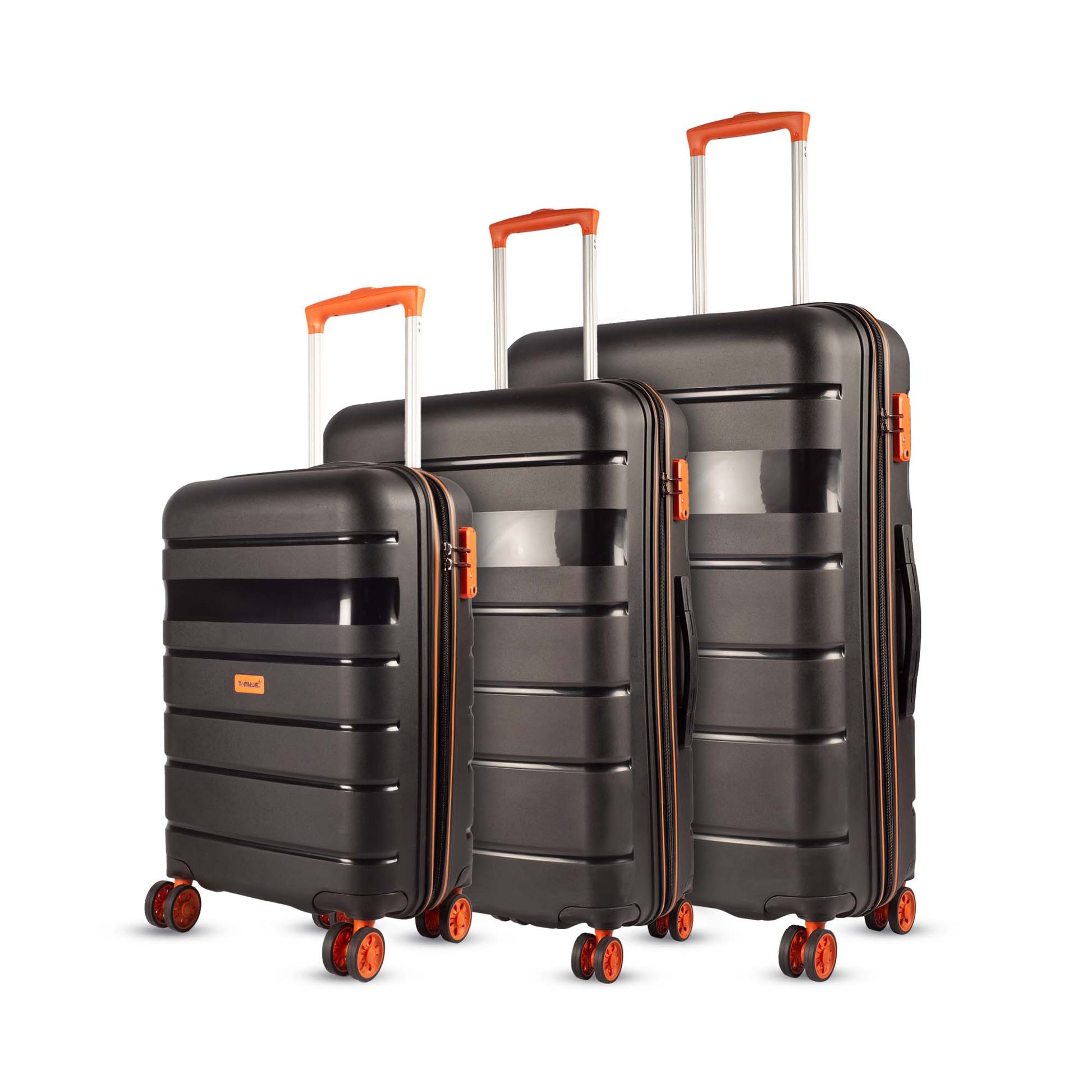 Side view of Timus Sunlite orange black hard luggage set in 58 cm, 68 cm, and 78 cm sizes, featuring textured finish, 360° dual wheels, and orange retractable handles.