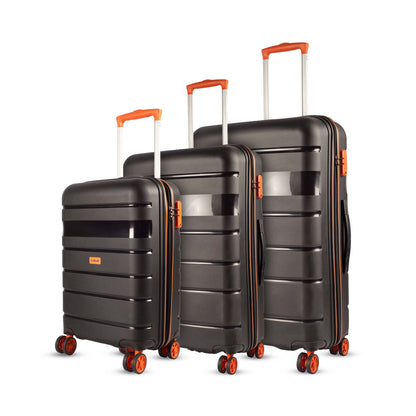 Side view of Timus Sunlite orange black hard luggage set in 58 cm, 68 cm, and 78 cm sizes, featuring textured finish, 360° dual wheels, and orange retractable handles.