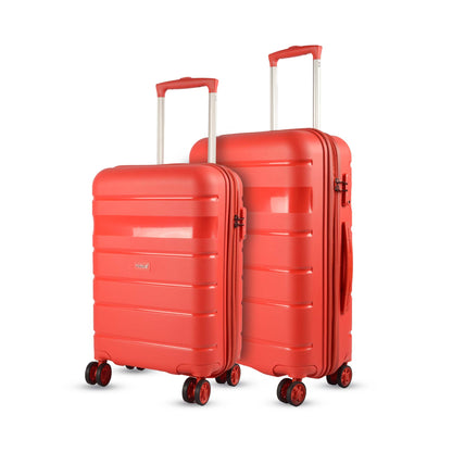 Red Sunlite luggage set in 58 cm and 68 cm sizes showcasing smooth spinner wheels, TSA security lock, and extendable top handles.