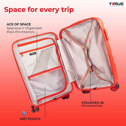 Open view of red Sunlite hard luggage showing spacious empty interior with flexible packing straps, wet and dry pouches, and organized compartments for efficient storage