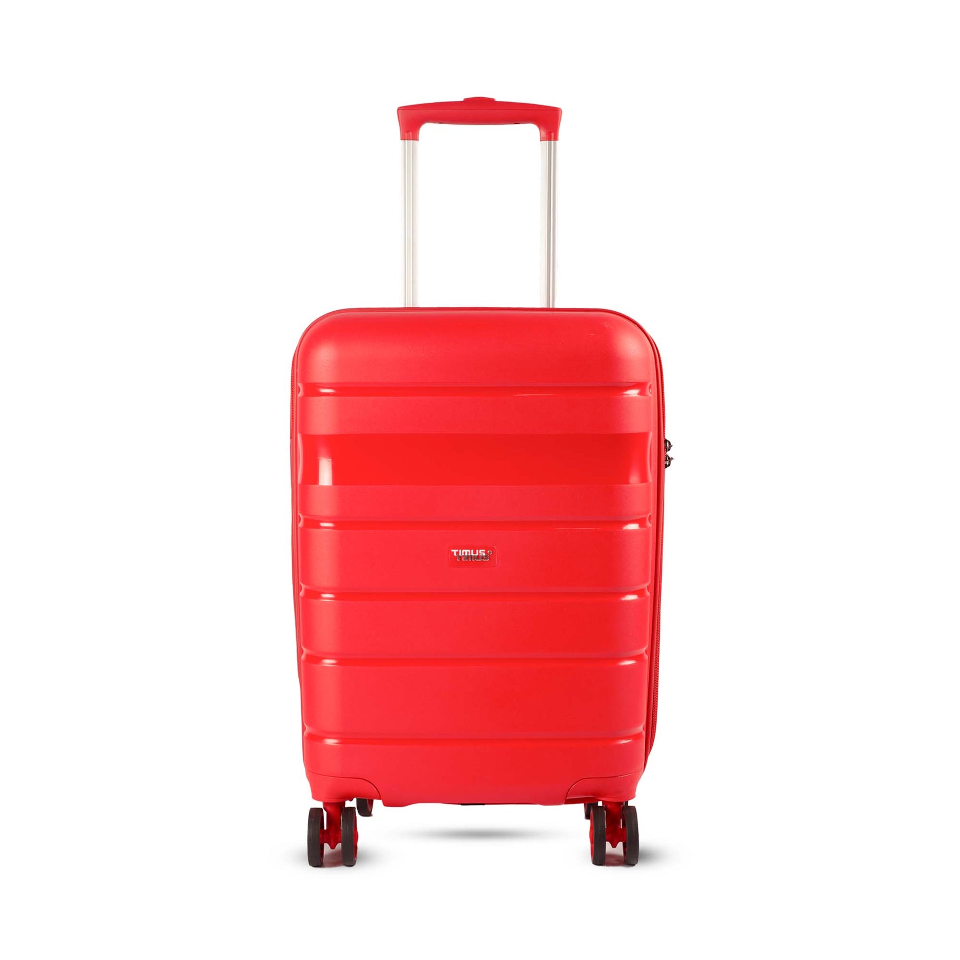 Front view of Timus Sunlite red hard trolley bag with bold design, dual-tone spinner wheels and smooth finish trolley handle.
