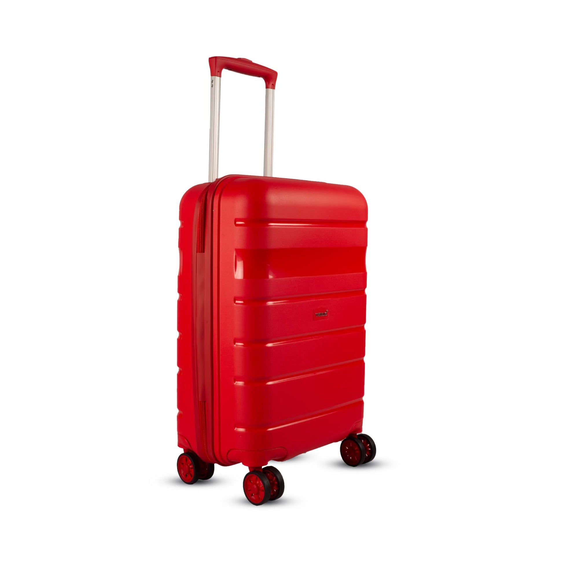 Right angled view of Timus Sunlite red hard trolley bag highlighting the structured shape and glossy finish.