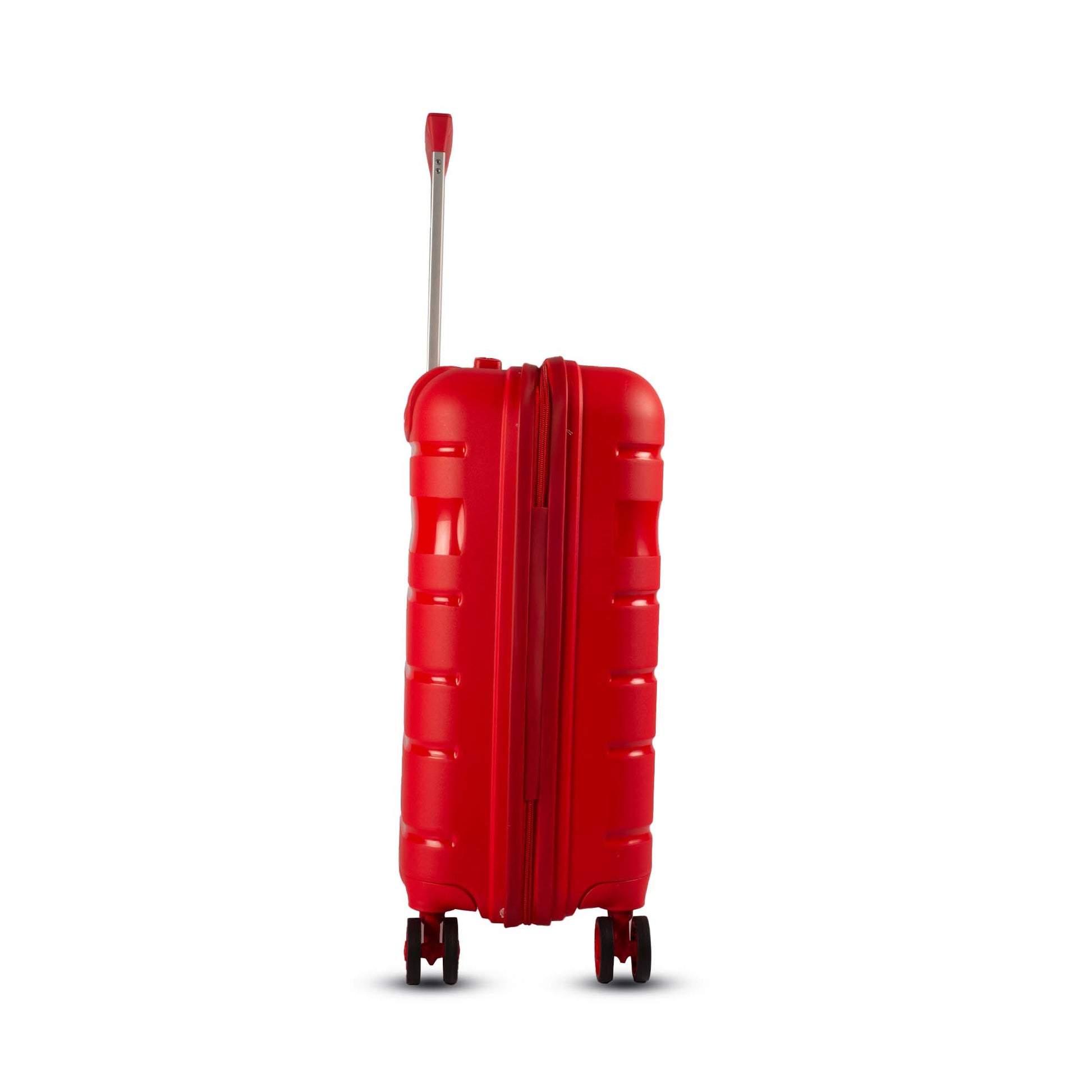 Right side view of Timus Sunlite red hard suitcase showcasing durable zipper closure and tough exterior shell.