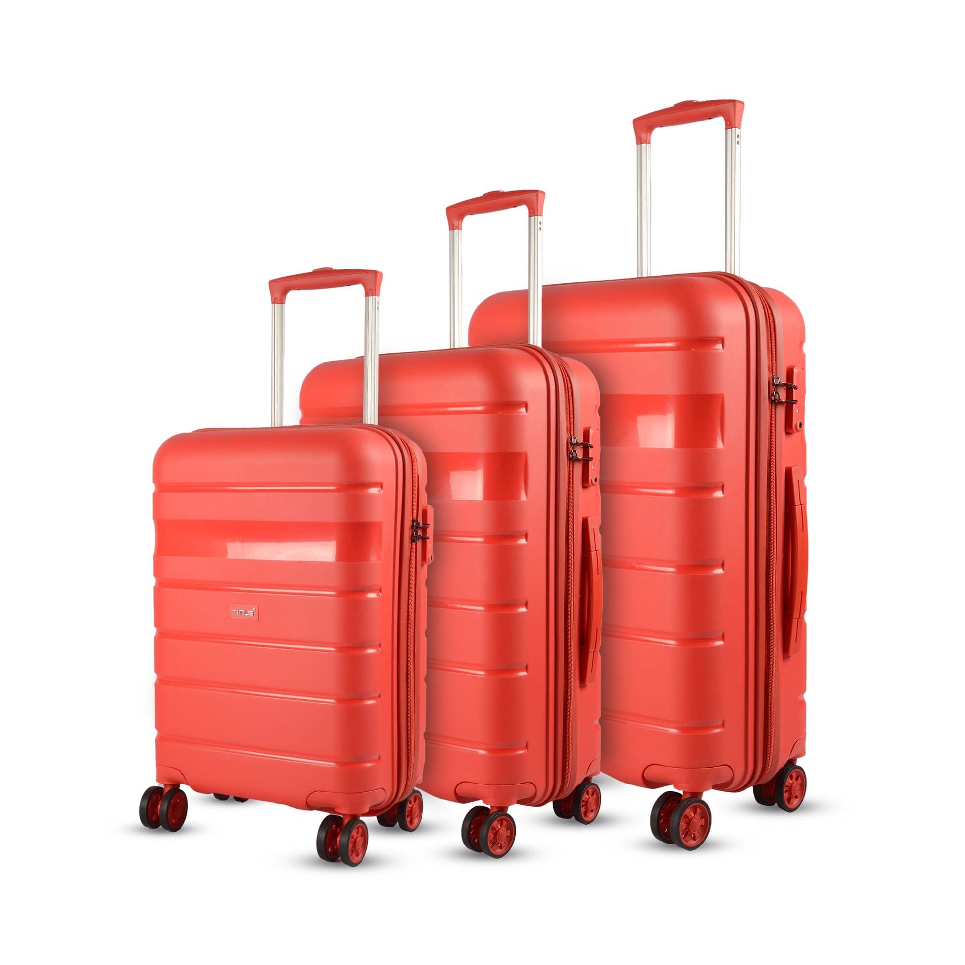 Set of three Timus Sunlite red hard trolley bags in different sizes, featuring stylish design, spinner wheels, and sturdy push-button trolley handles.