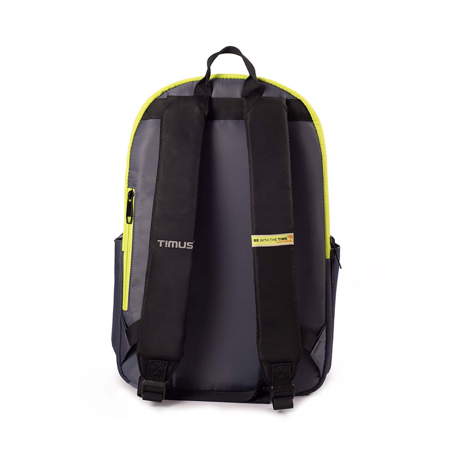 Back view of Timus Sydney black backpack showing padded shoulder straps, Timus logo, and BE WITH THE TIME tagline with yellow piping