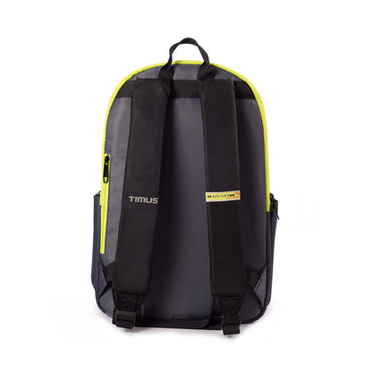 Back view of Timus Sydney black backpack showing padded shoulder straps, Timus logo, and BE WITH THE TIME tagline with yellow piping