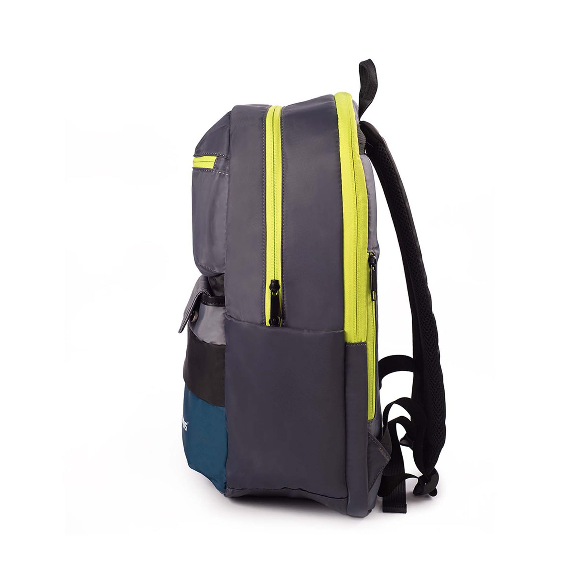 Left side view of Timus Sydney black backpack showing dual compartments with neon green zippers.