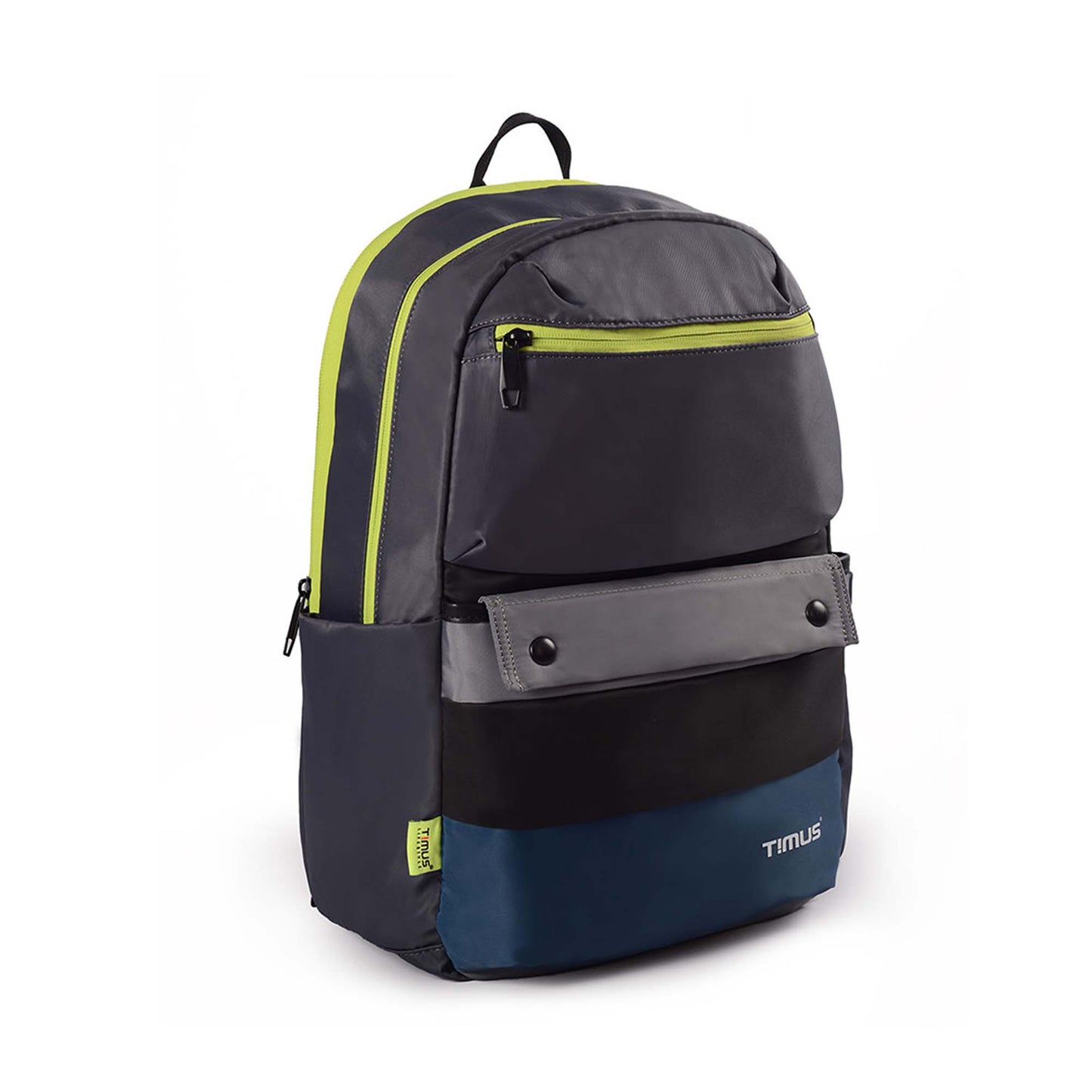 Timus Sydney black backpack right front angled view showcasing multiple compartments and contrast zipper design with neon accents.