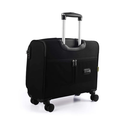 Back left angled view of Timus Atlanta Pro Overnighter black business travel bag with extended telescopic handle, rear zipper pocket, name tag, side TSA approved lock, and 8- 360-degree spinner wheels on white background
