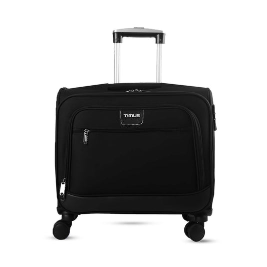 Front view of Timus Atlanta Pro Overnighter black business travel bag featuring a visible Timus logo on the front pocket, telescopic handle, dual zippered front compartments, and  360-degree rotating wheels on a white background.
