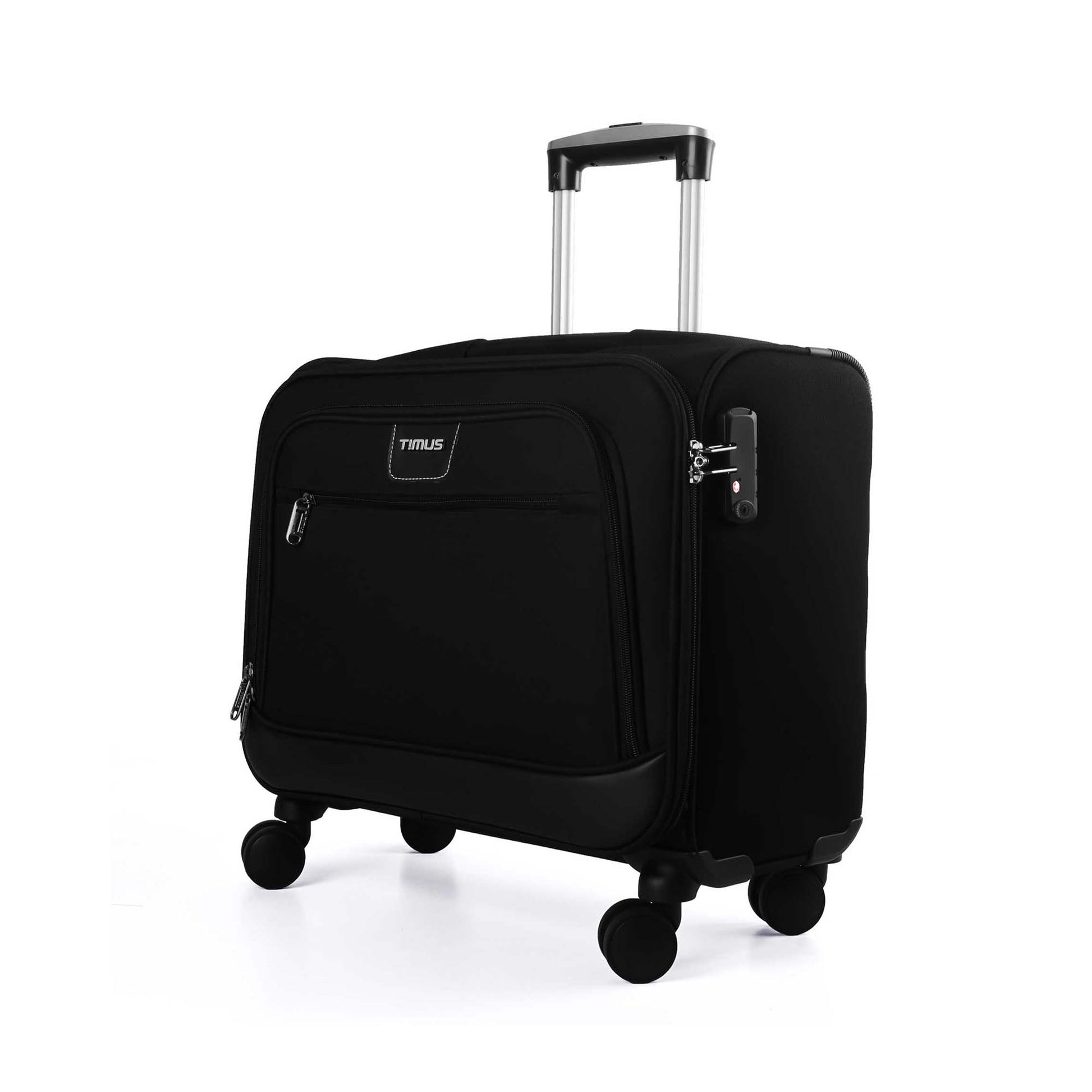 Left front angled view of Timus Atlanta Pro Overnighter black business travel bag with visible Timus logo in front, dual zippered front compartments, telescopic handle, integrated side TSA-approved lock, and 360-degree spinner wheels on white background.

