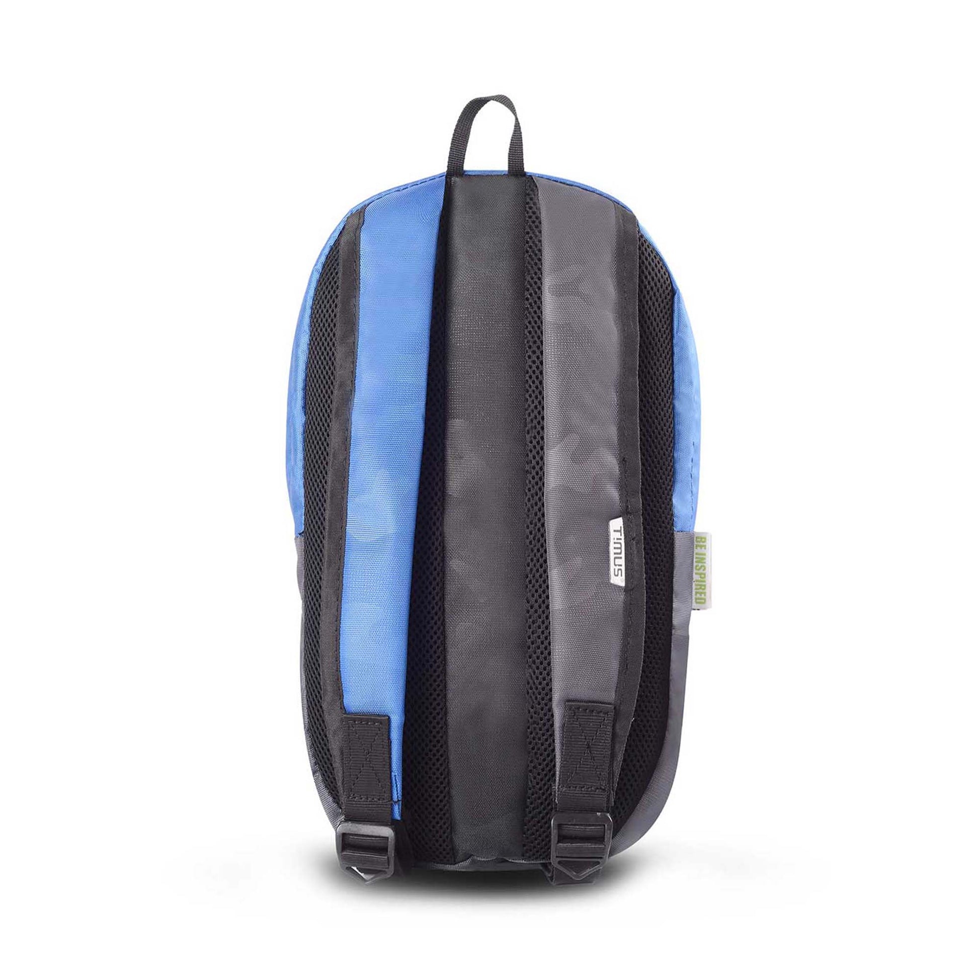 Back view of Timus Atomic Mini Backpack in blue and black with padded shoulder straps.