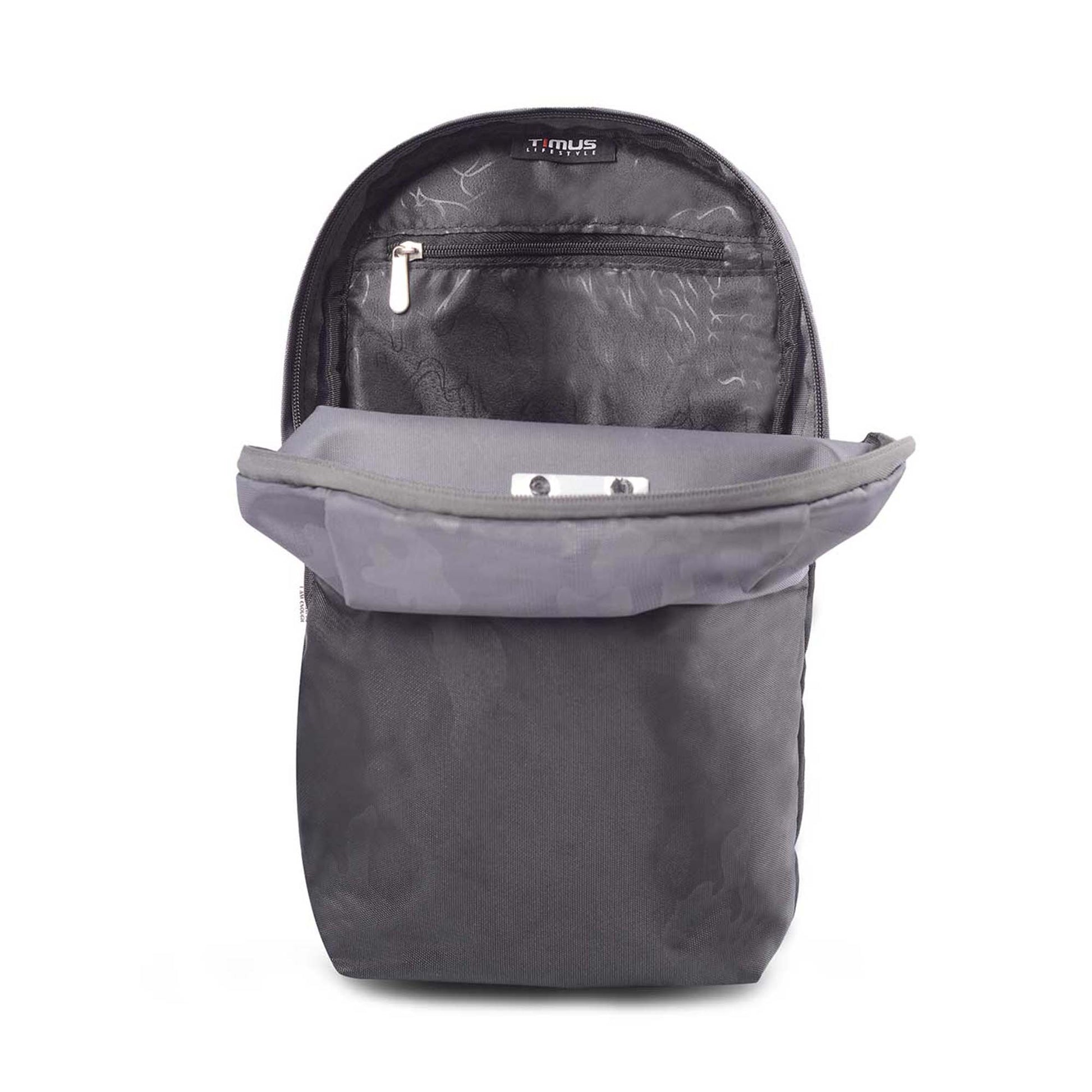 Open view of Timus Atomic Mini Backpack in grey and black showing inner zip pocket and spacious main compartment