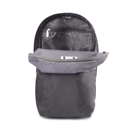 Open view of Timus Atomic Mini Backpack in grey and black showing inner zip pocket and spacious main compartment