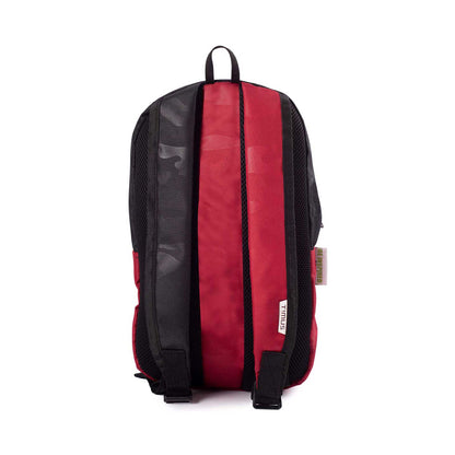 Back view of Timus Atomic Mini Backpack in grey and red with padded shoulder straps with timus tag.