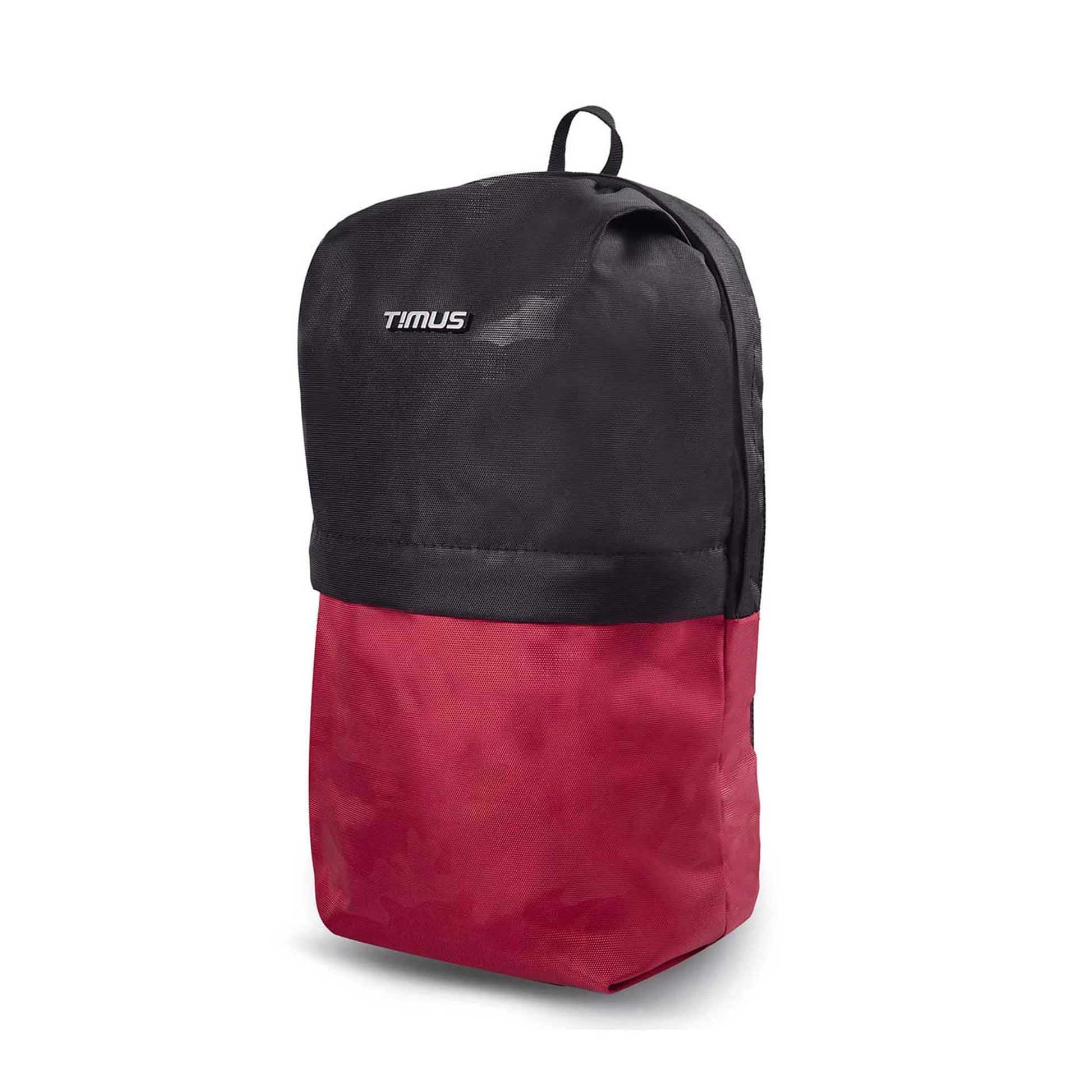 Left side front angled view of Timus Atomic Mini Backpack in grey and red colour.