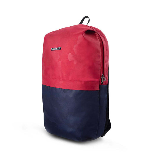 Left side front angled view of Timus Atomic Mini Backpack in red and blue colour.