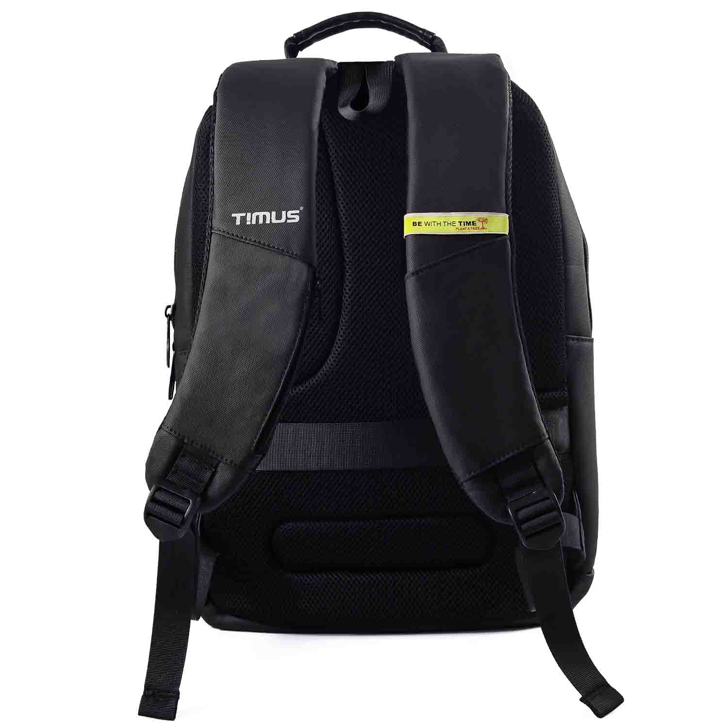 Angled back view of Berlin black backpack highlighting padded straps with branding, ergonomic back panel, and sturdy top handle for professional use.
