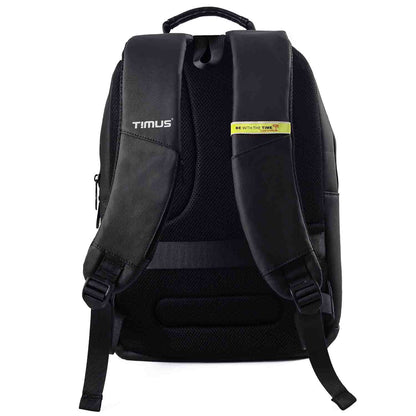 Angled back view of Berlin black backpack highlighting padded straps with branding, ergonomic back panel, and sturdy top handle for professional use.