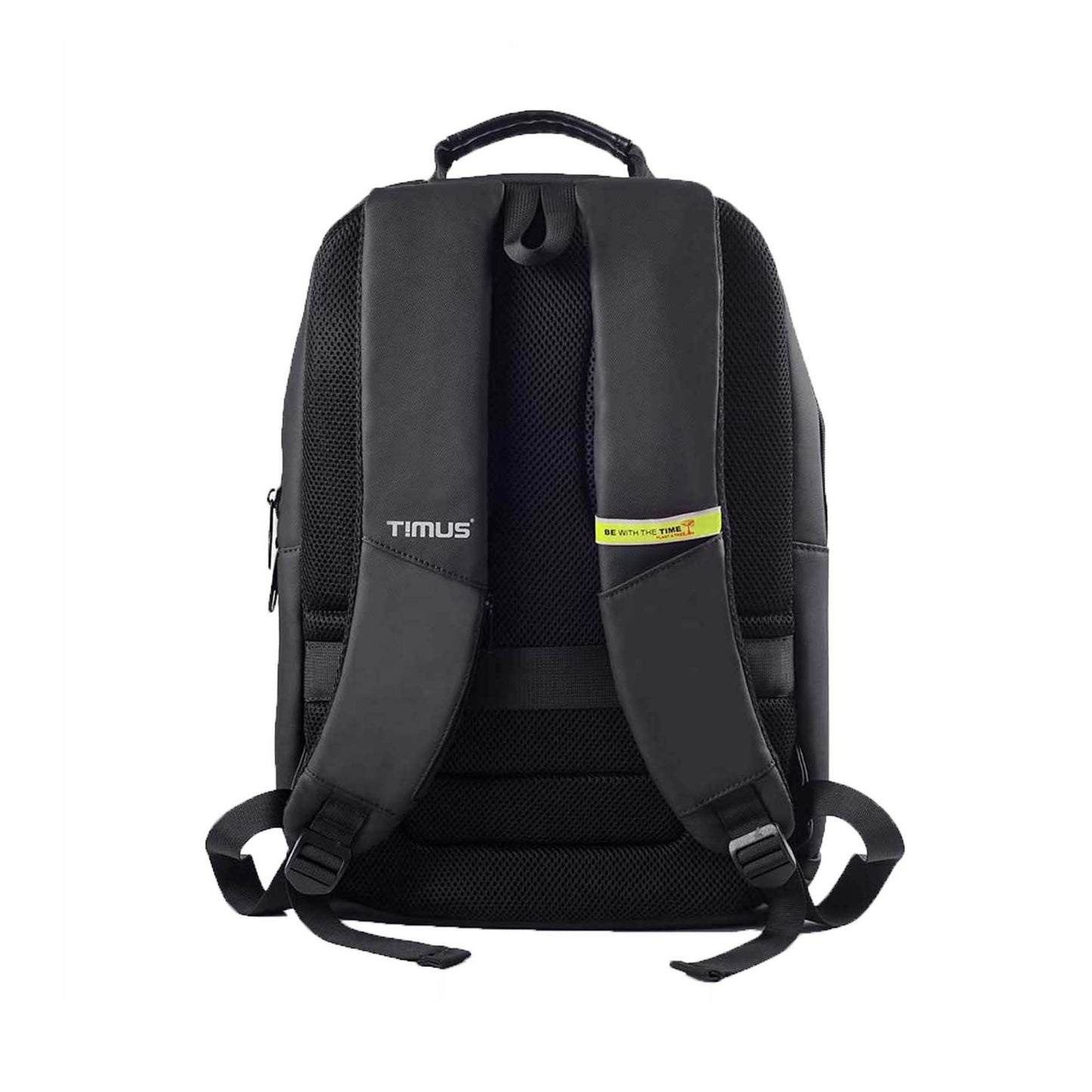 Back view of black Berlin backpack featuring padded shoulder straps with branding, breathable mesh back panel, and top carry handle.