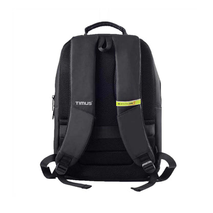 Back view of black Berlin backpack featuring padded shoulder straps with branding, breathable mesh back panel, and top carry handle.